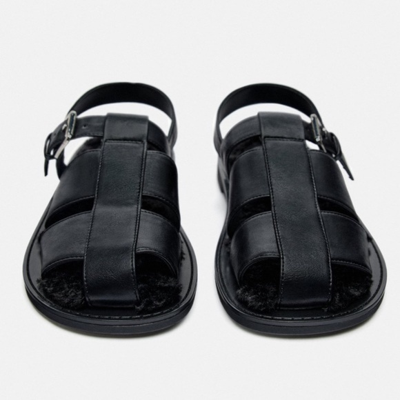 Zara Black FAUX FUR LINED CAGE SANDALS. Size 8/39 - Picture 3 of 9